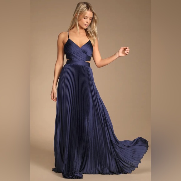 Got the Glam Navy Blue Pleated Cutout Maxi Dress - Picture 1 of 6